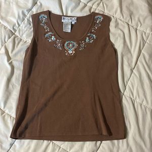 Brown beaded/embroidered tank top